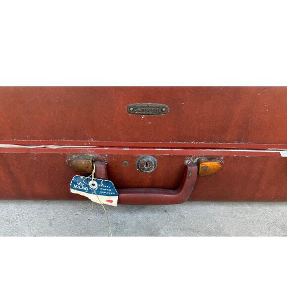 Vintage 50s Samsonite Schwayder Bros Hard Case Brown Mid-Century KLM Airline Tag - Picture 2 of 9